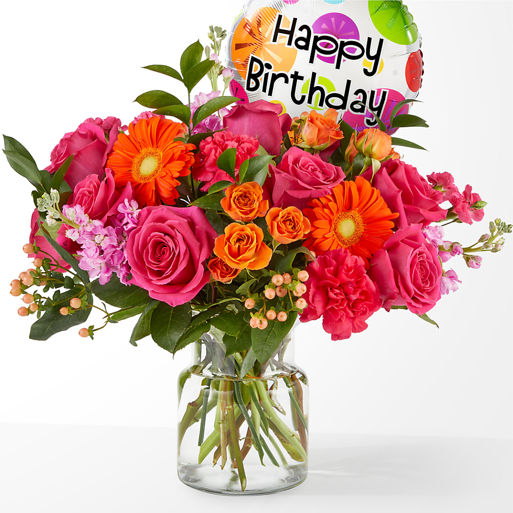 Fiesta Bouquet with Birthday Balloon – Queen Ofe Florist, San Jose CA