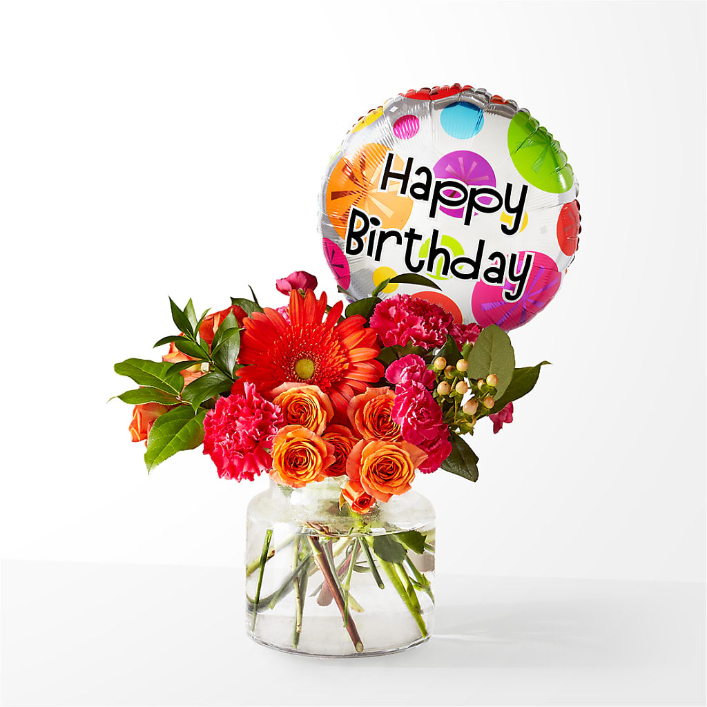 Fiesta Bouquet with Birthday Balloon – Queen Ofe Florist, San Jose CA