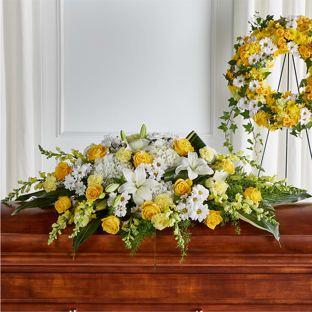 Golden Harmony Casket Spray – Queen Ofe Florist, San Jose CA