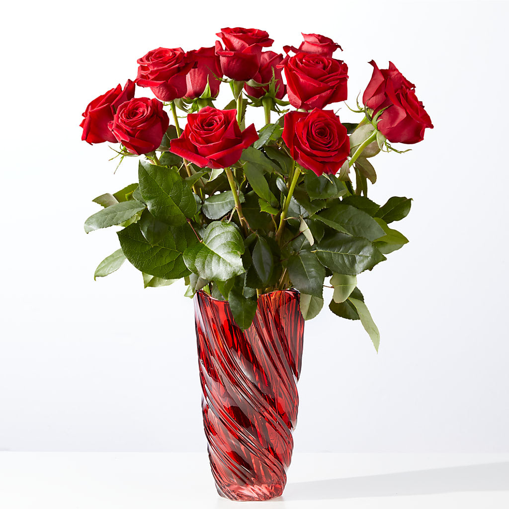 Classic Love Red Rose Bouquet with Luxe Swirl Vase – Queen Ofe Florist, San Jose CA