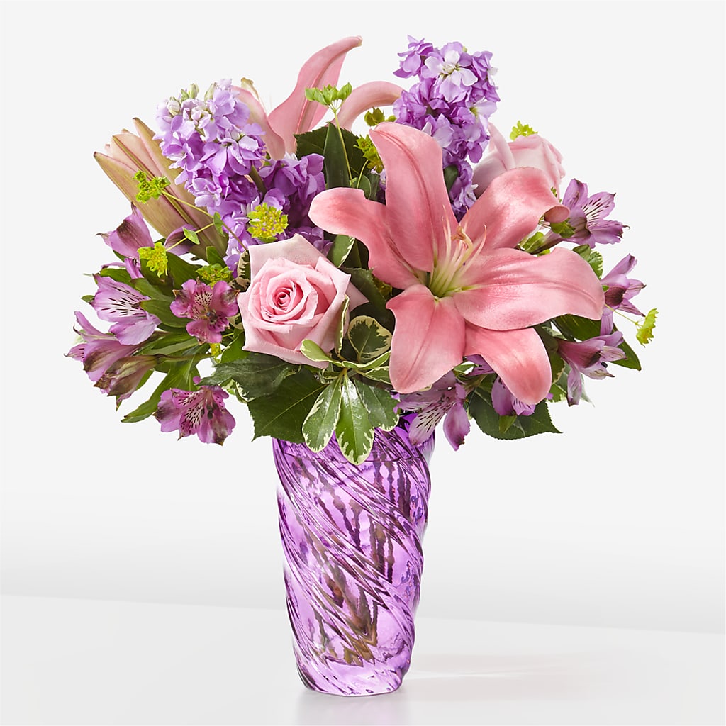 Precious Petals Bouquet with Luxe Swirl Vase – Queen Ofe Florist, San Jose CA