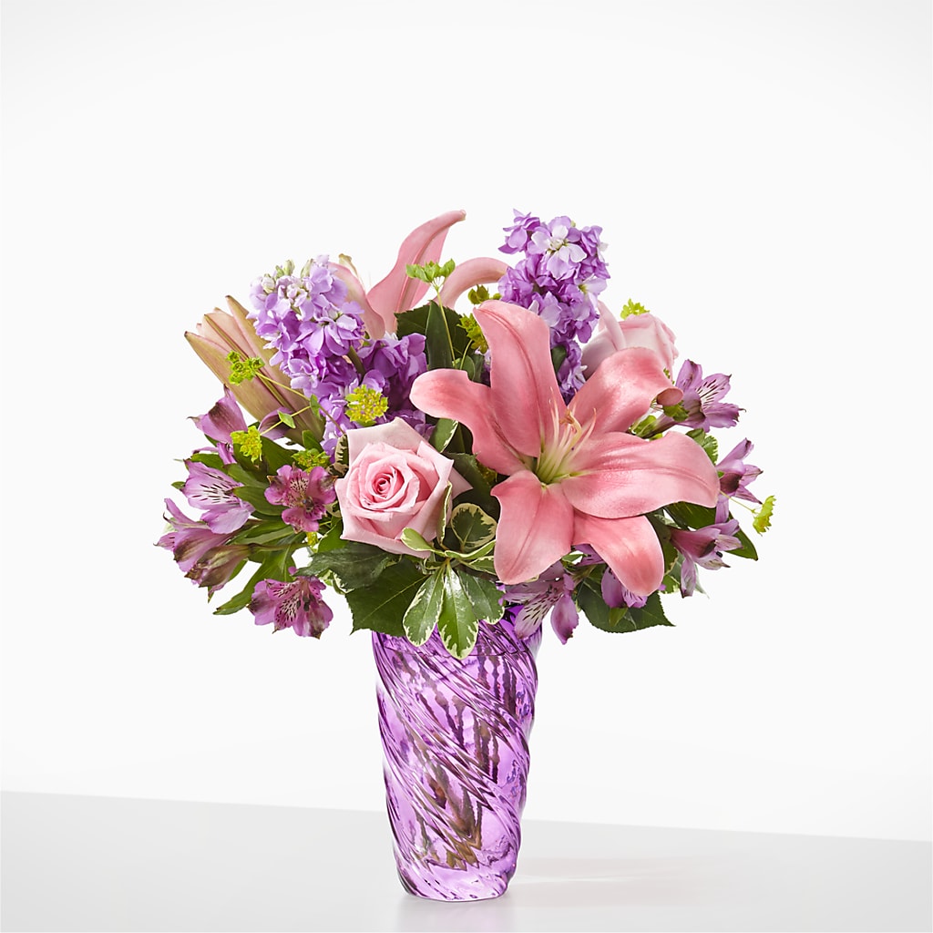 Precious Petals Bouquet with Luxe Swirl Vase – Queen Ofe Florist, San Jose CA