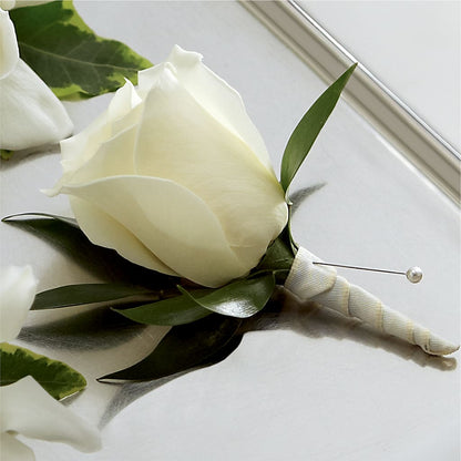 White Rose Boutonniere –  Queen Ofe Florist, San Jose CA