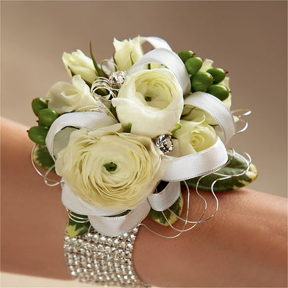 White Wedding Corsage –  Queen Ofe Florist, San Jose CA